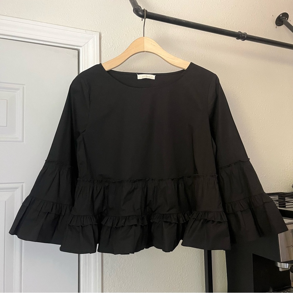 ALL ROW black cotton blend bell long sleeve ruffle tiered boxy cropped blouse